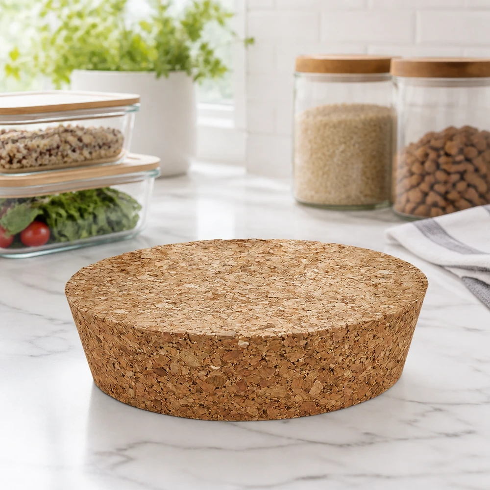 Korken für Öffnung 75mm WECK RR80 (ø72/82, H=20mm) WECK RR80 Korken auf Marmorplatte in moderner Küche mit Vorratsgläsern Reis Nüsse natürliche Küchenorganisation
