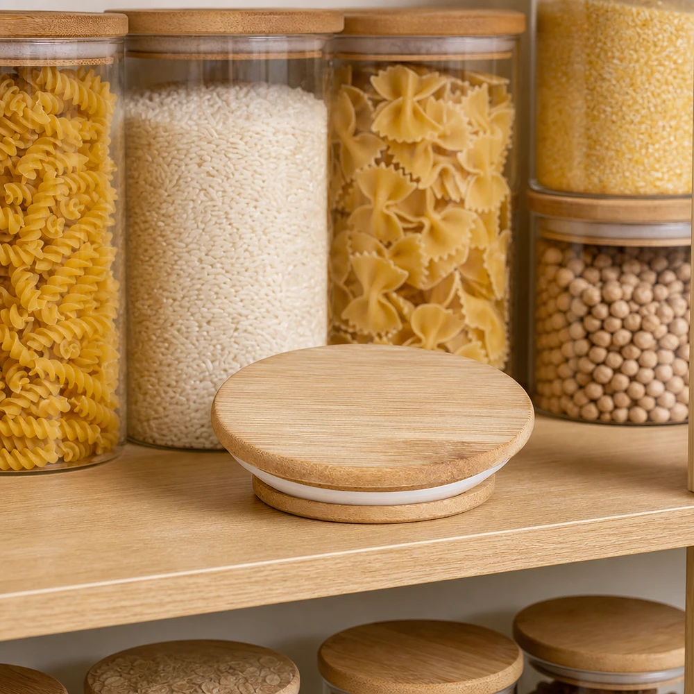 WECK Holzdeckel RR60 in praktischer Küchenumgebung zwischen Vorratsgläsern mit Pasta Rice und Hülsenfrüchten
