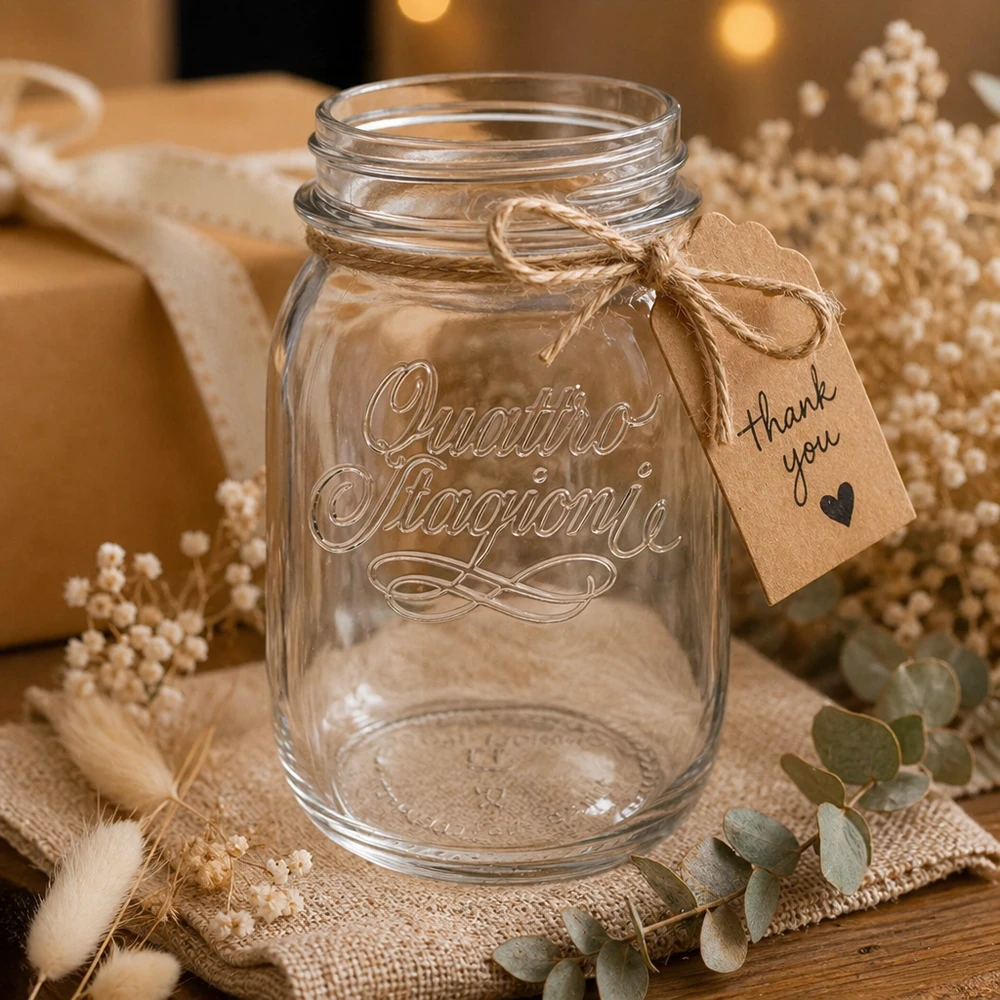 500ml Quattro Stagioni Haushaltsglas mit Dankeschön Anhänger auf rustikalem Holztisch mit Trockenblumen dekoriert