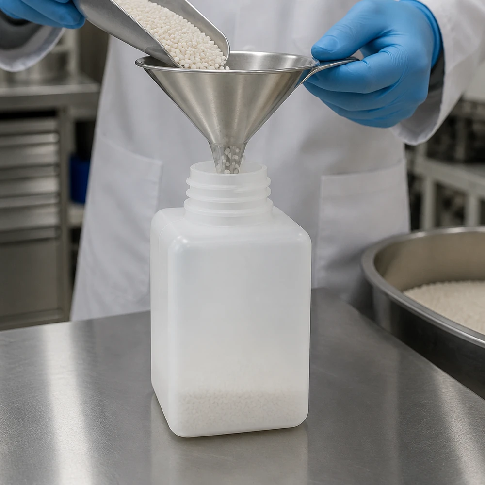 Chemikalienflasche 20ml Enghals PE-HD GL18 beim professionellen Befüllen mit Granulat im Labor
