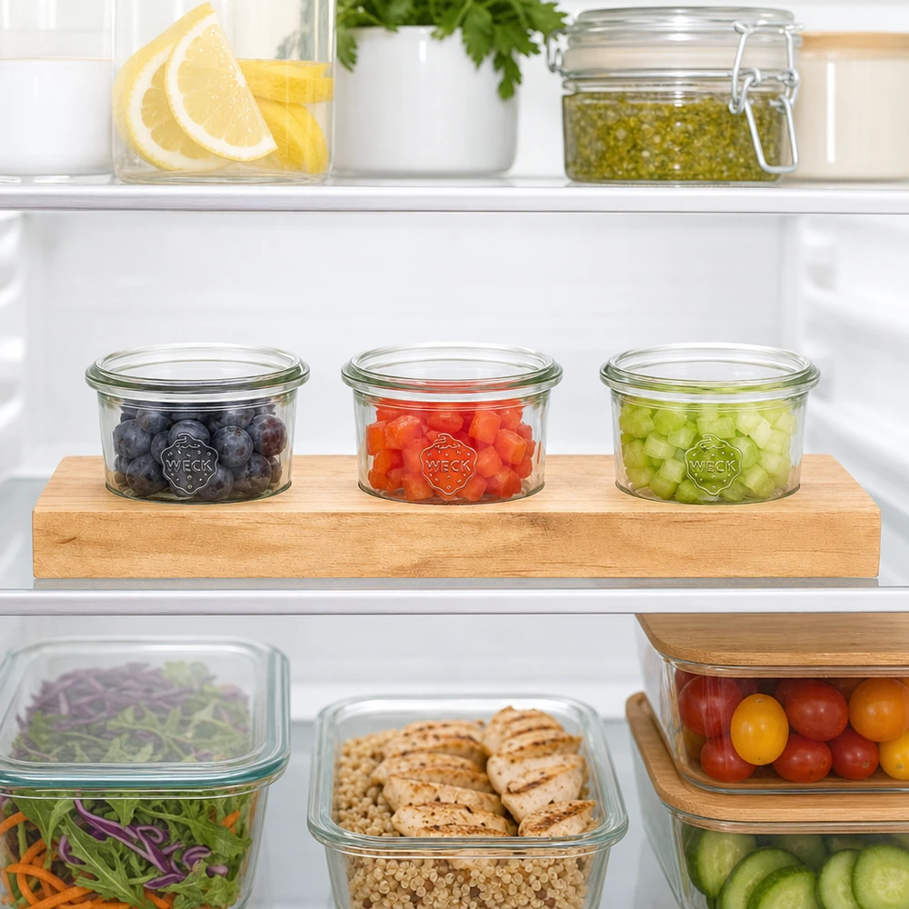 Servierbrett Plano3 mit 3 Weck Sturzgläsern 80ml Servierbrett Plano3 mit Weck Sturzgläsern 80ml im Kühlschrank zur organisierten Aufbewahrung von Beeren und Gemüse