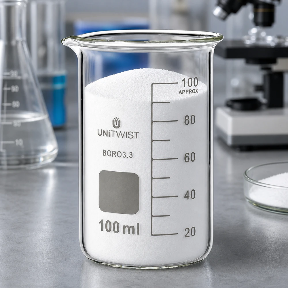 Becherglas 100ml Borosilikat, hohe Form UNiTWIST Becherglas 100ml Borosilikat hohe Form UNITWIST mit weißem Pulver im Labor