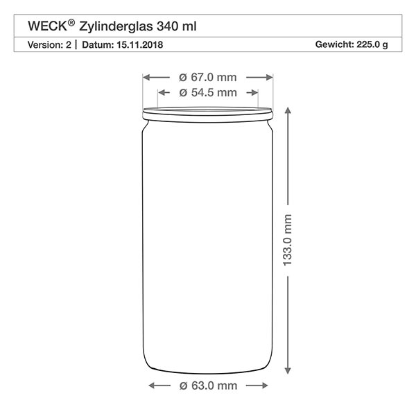 Technische Zeichnung WECK Zylinderglas 340ml mit Maßangaben Höhe 133mm Durchmesser 63mm Gewicht 225g RR60