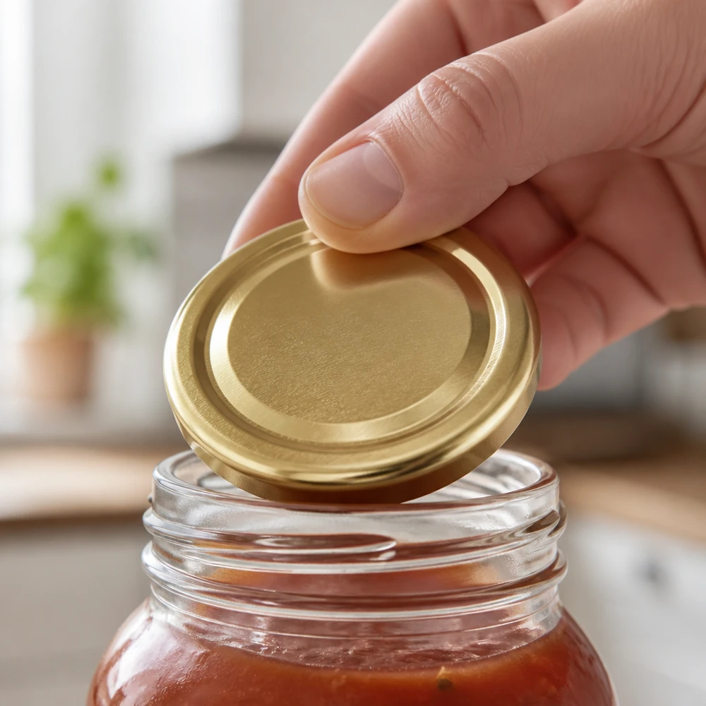 48mm BasicSeal Deckel gold (TO48) UNiTWIST Hand setzt 48mm BasicSeal TO48 Twist-Off-Deckel gold auf Einmachglas mit Tomatensauce im Gewerbeeinsatz