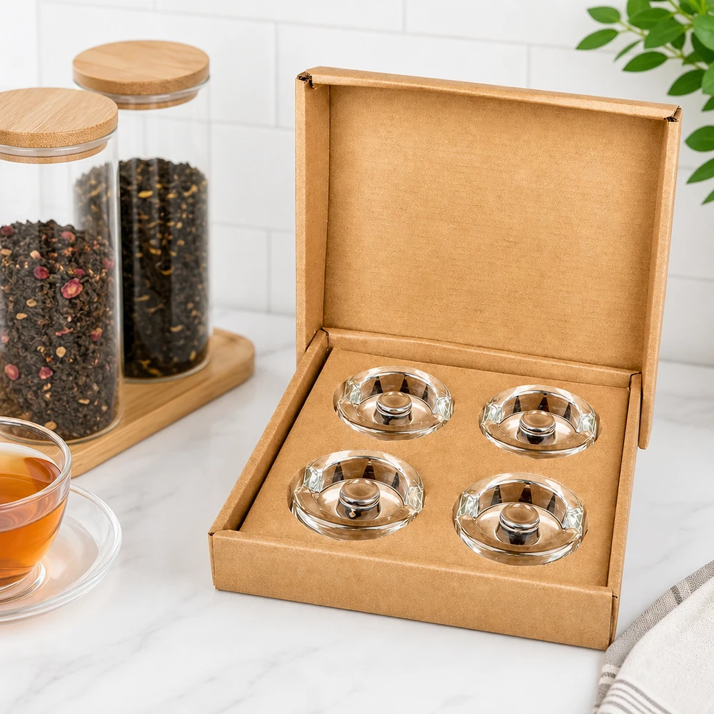 UNiTWIST Fermentier-Glasgewichte 4er Set in Kartonbox neben Teegläsern und Gewürzbehältern aus Glas mit Holzdeckel