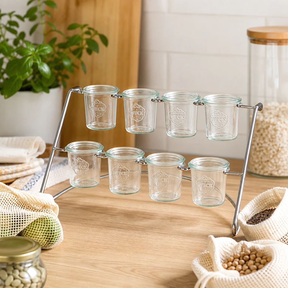 Serviergestell Flato8 für 8 WECK Sturzgläser Serviergestell Flato8 mit leeren WECK Sturzgläsern in natürlicher Küchenumgebung mit Bio-Produkten und Nachhaltigkeit