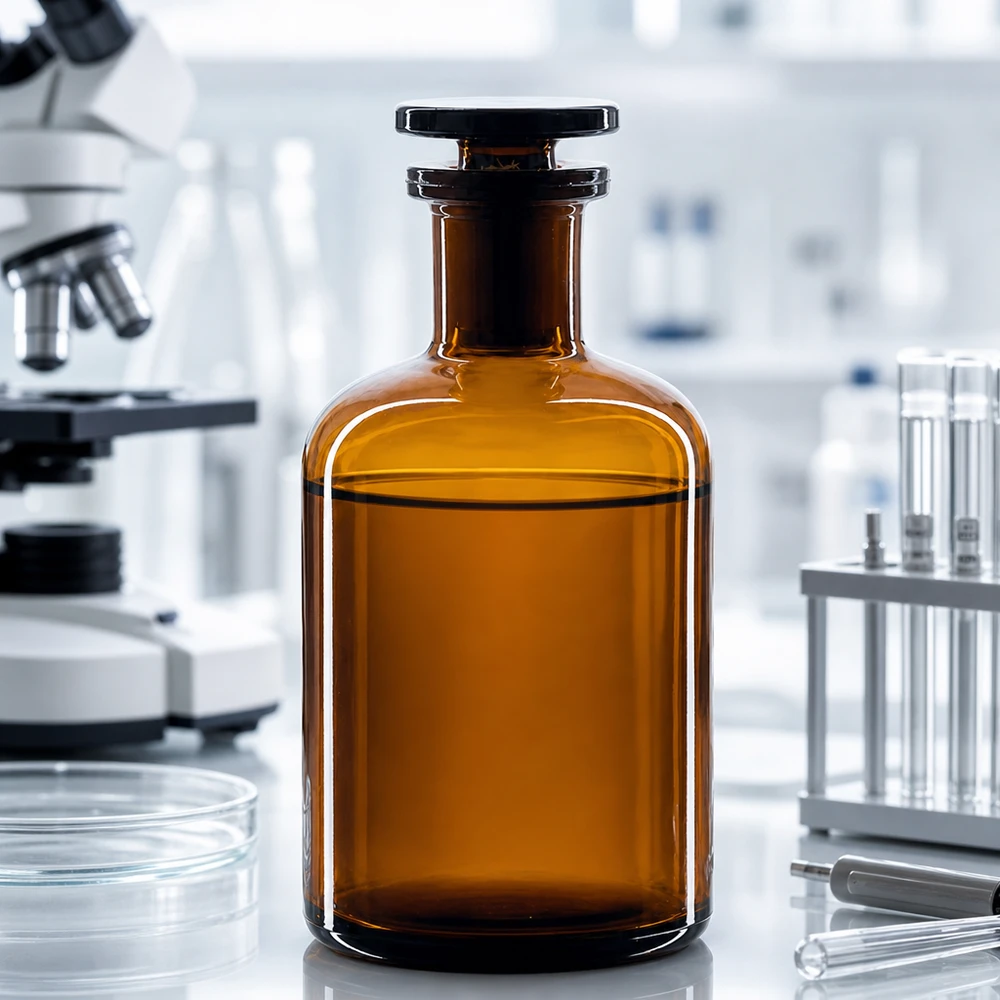 Rundschulterfl. 100ml braun Enghals Glasstopfen Braune Enghals-Rundschulterflasche 100ml aus Glas mit Glasstopfen für professionellen Laboreinsatz