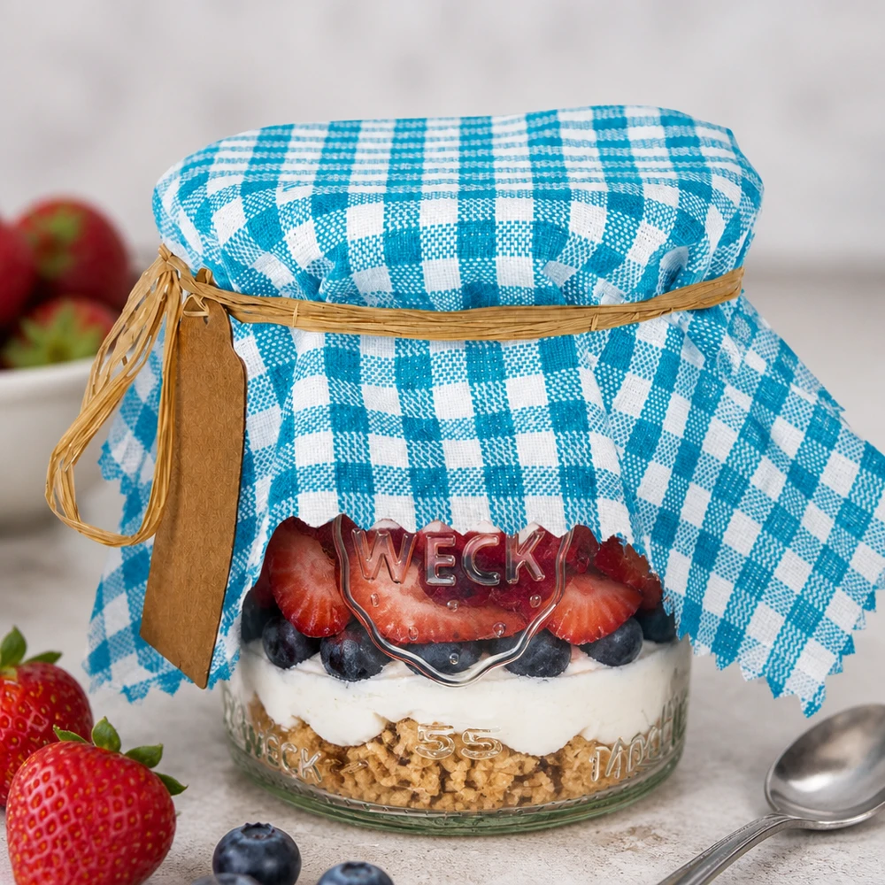 Stoff Schmuckdeckchen türkis-kariert 15cm eckig Türkis-kariertes Stoff Schmuckdeckchen 15cm auf Dessertglas mit Beeren und Joghurt für Gastronomie-Präsentation