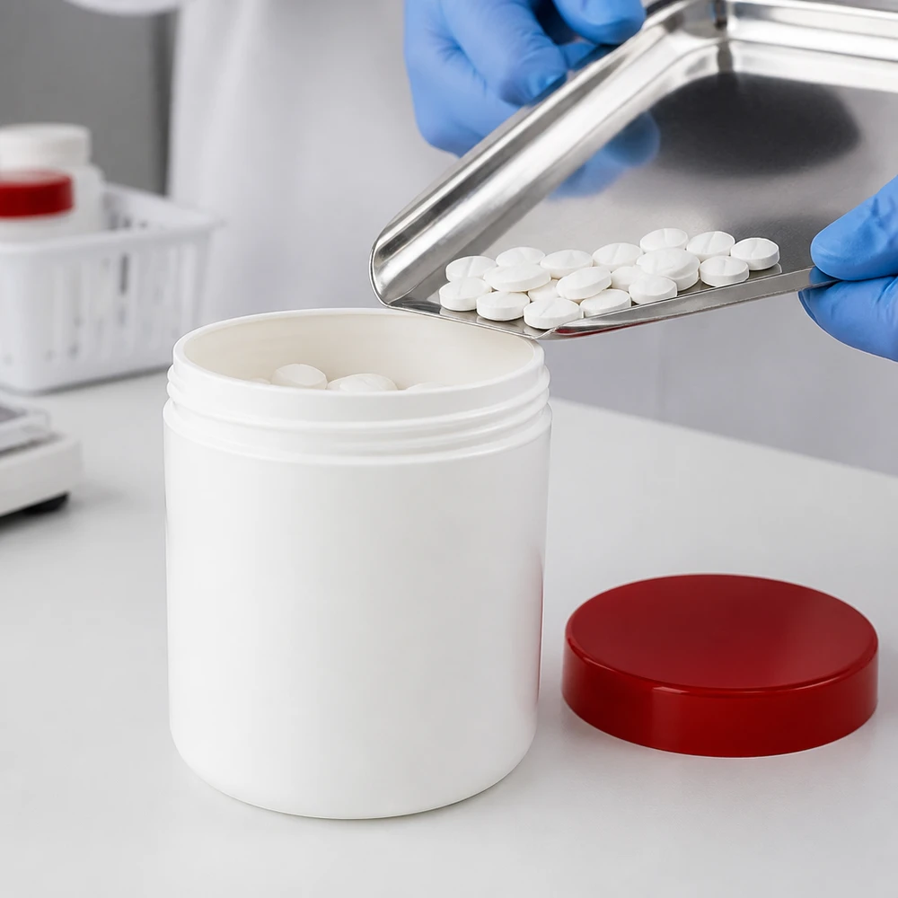 Salbenkruke 500g weiß mit rotem Schraubdeckel (Polypropylen) Salbenkruke 500g weiß PP-Kunststoff roter Schraubdeckel pharmazeutische Abfüllung professioneller Einsatz