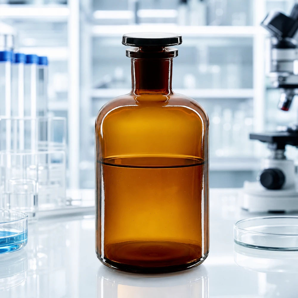 Rundschulterfl. 500ml braun Enghals Glasstopfen Braune Enghals-Rundschulterflasche 500ml mit Glasstopfen für Labor und Fachhandel