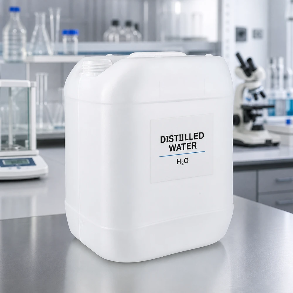 Weißer 20-Liter-Kunststoffkanister für destilliertes Wasser im professionellen Laboreinsatz