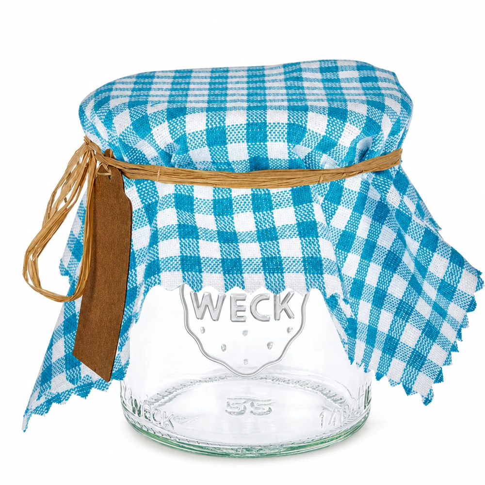 Stoff Schmuckdeckchen türkis-kariert 15cm eckig Türkis-weißes kariertes Stoff Schmuckdeckchen auf Weckglas mit Raffiabast und braunem Anhänger