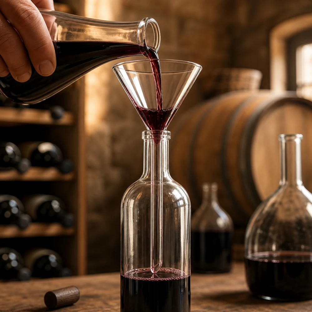 Trichter ø55mm Kalk-Soda, Winkel 60°, Kurzstil Glastrichter 55mm Kalk-Soda mit 60° Winkel und Kurzstiel beim professionellen Dekantieren von Rotwein im Weinkeller
