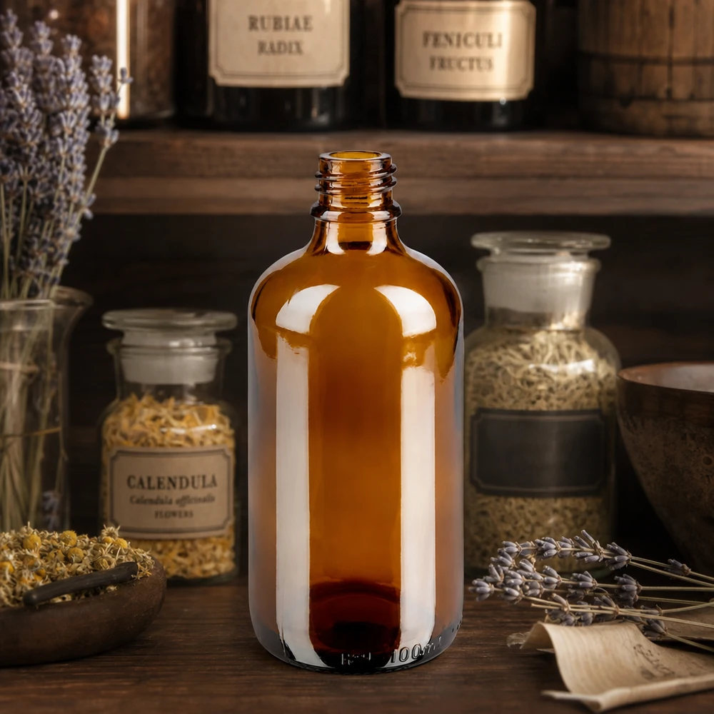 100ml braune ApoGlas Apothekerflasche mit Calendula Kräutern und Lavendel in rustikaler Apotheken-Atmosphäre