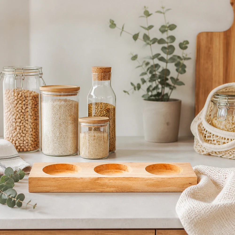 Servierbrett Plano3 aus Bambus auf weißer Arbeitsplatte mit Vorratsgläsern und eucalyptus Deko im skandinavischen Küchen