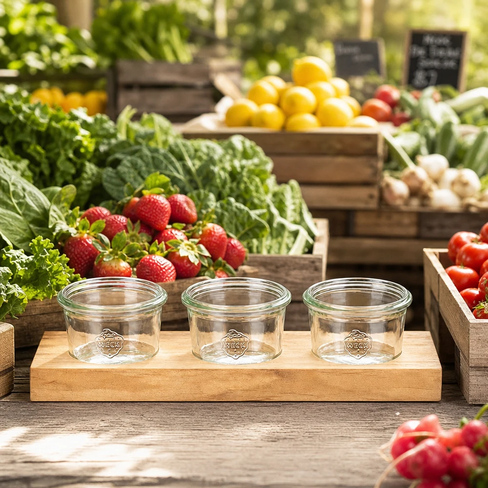 Servierbrett Plano3 mit leeren Weck Sturzgläsern 80ml auf Marktstand zwischen frischem Obst und Gemüse