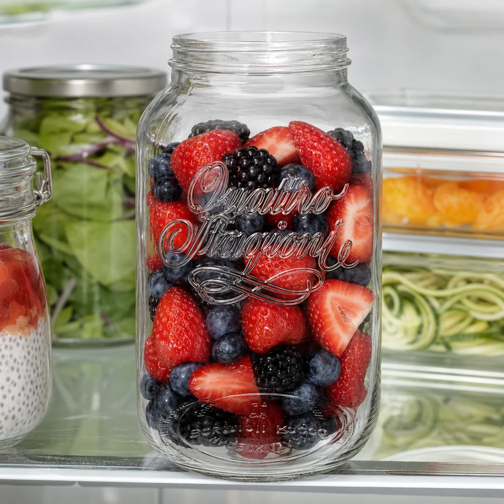 3800ml Quattro Stagioni Haushaltsglas mit frischen Beeren gefüllt im Kühlschrank als Vorratsbehälter für Obst
