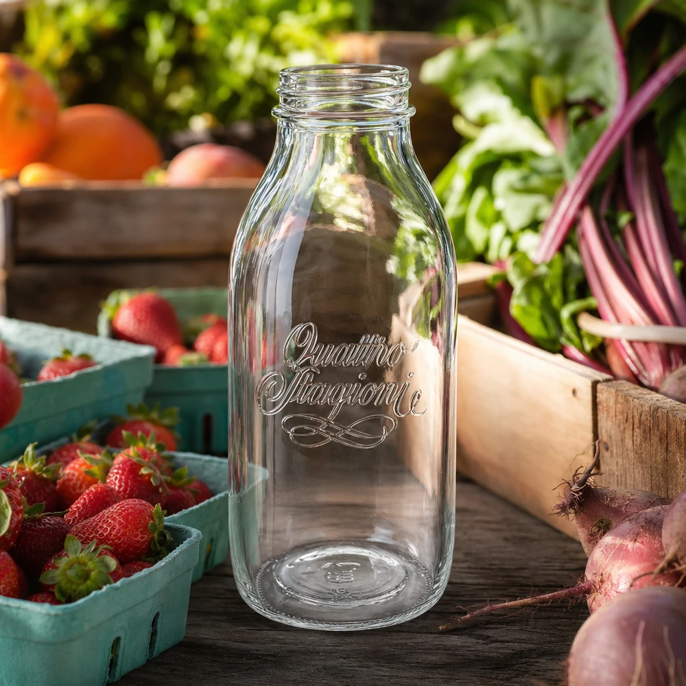 1000ml Glasflasche "Quattro Stagioni" QS56mm Quattro Stagioni Weithalsflasche 1000ml aus Glas auf Holztisch mit frischen Erdbeeren und Gemüse im Hintergrund