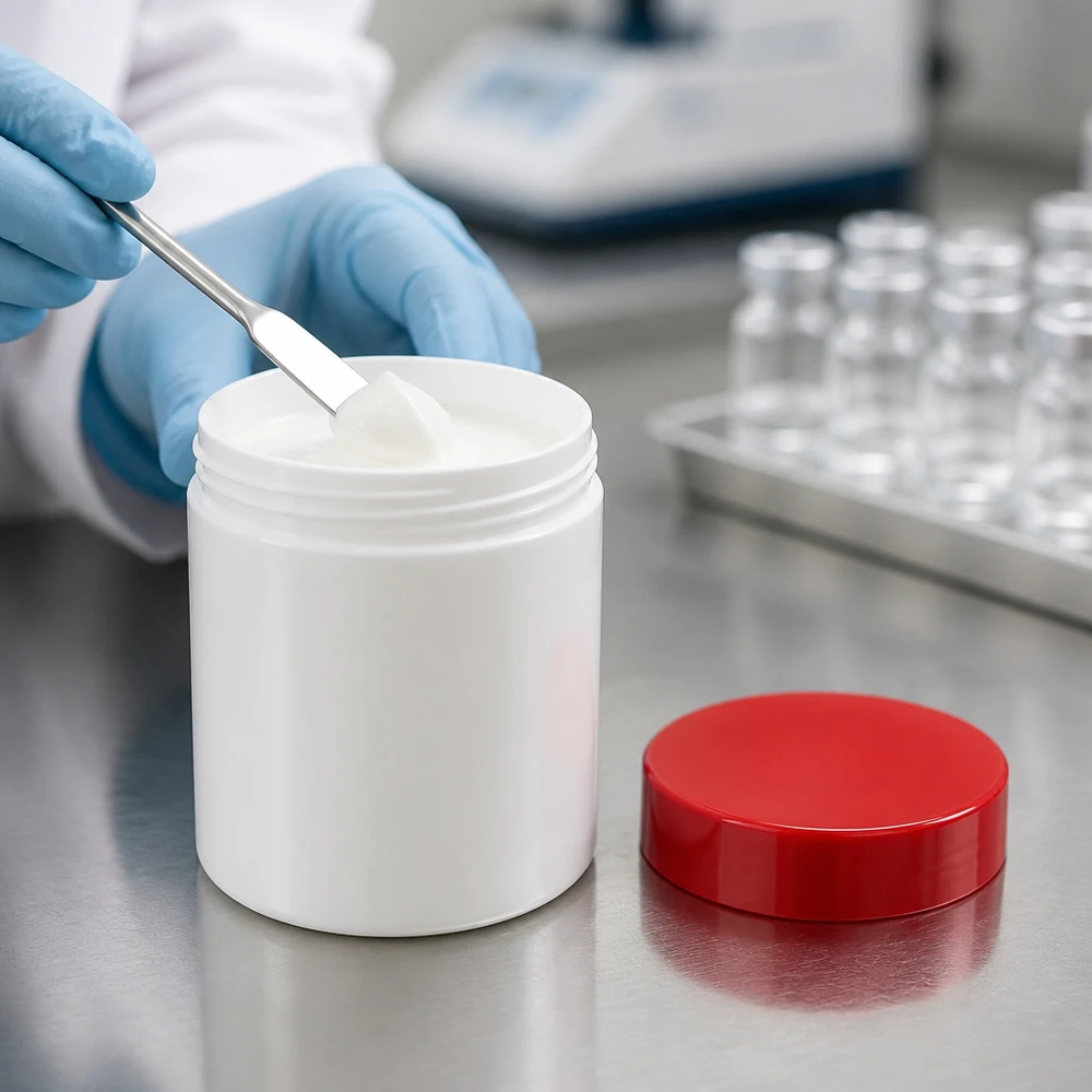Salbenkruke 75g weiß mit rotem Schraubdeckel (Polypropylen) Salbenkruke 75g weiß mit rotem PP-Schraubdeckel für pharmazeutische und kosmetische Anwendungen