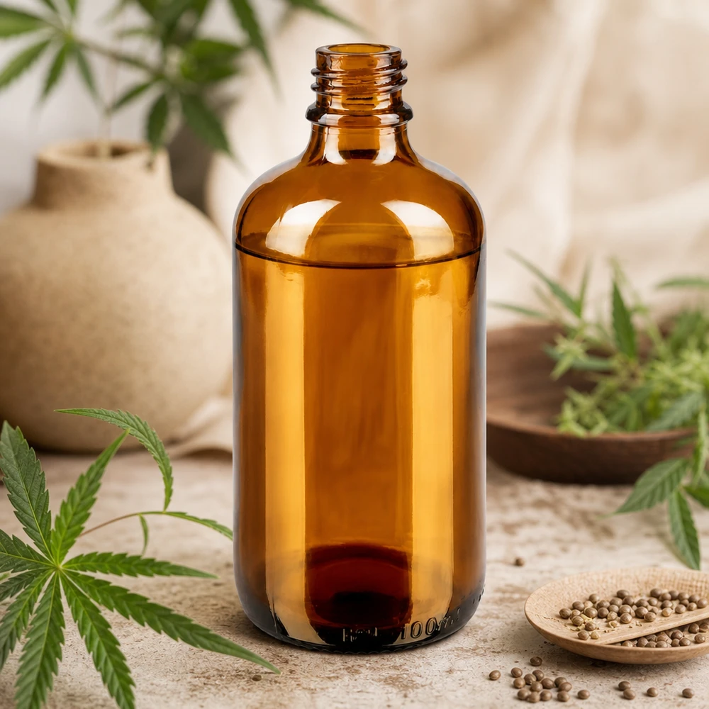 100ml braune Apothekerflasche ApoGlas mit Cannabis Hanfpflanzen und Koriandersamen auf Holztisch