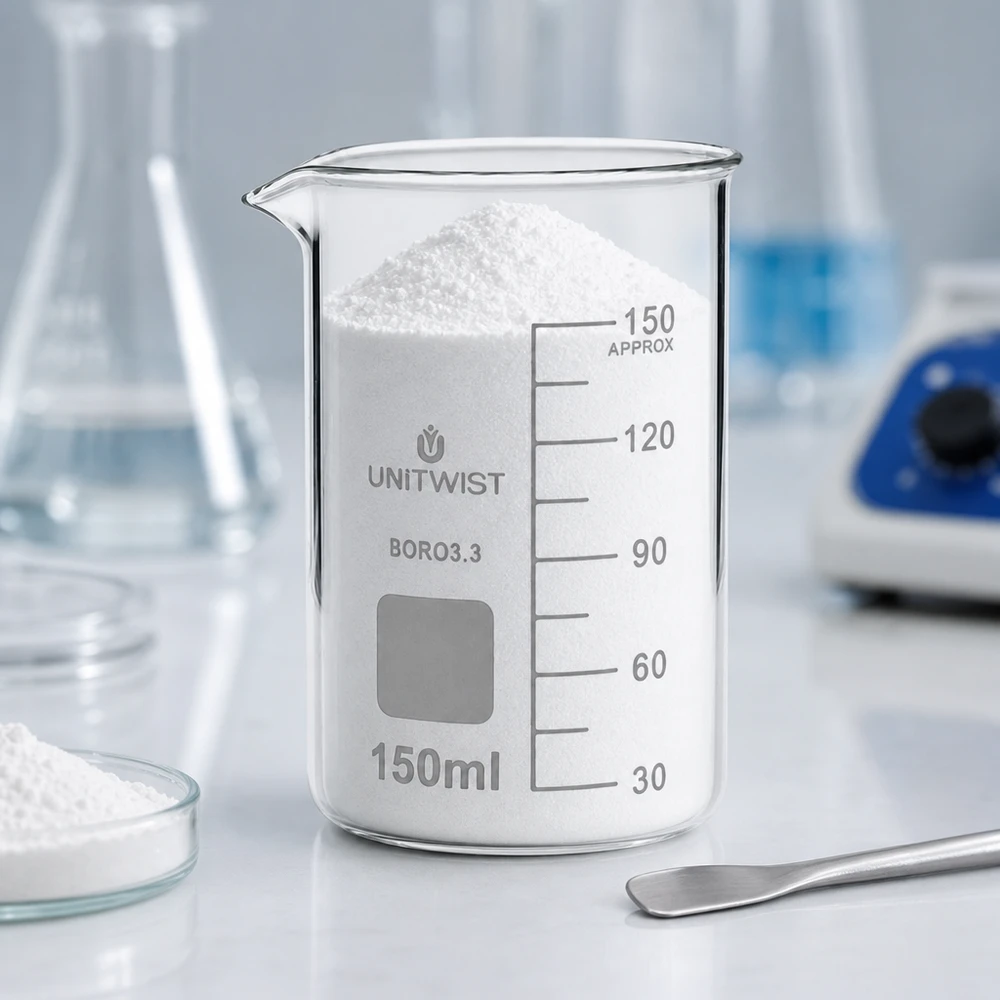Becherglas 150ml Borosilikat hohe Form UNITWIST mit weißem Pulver im Laborumfeld