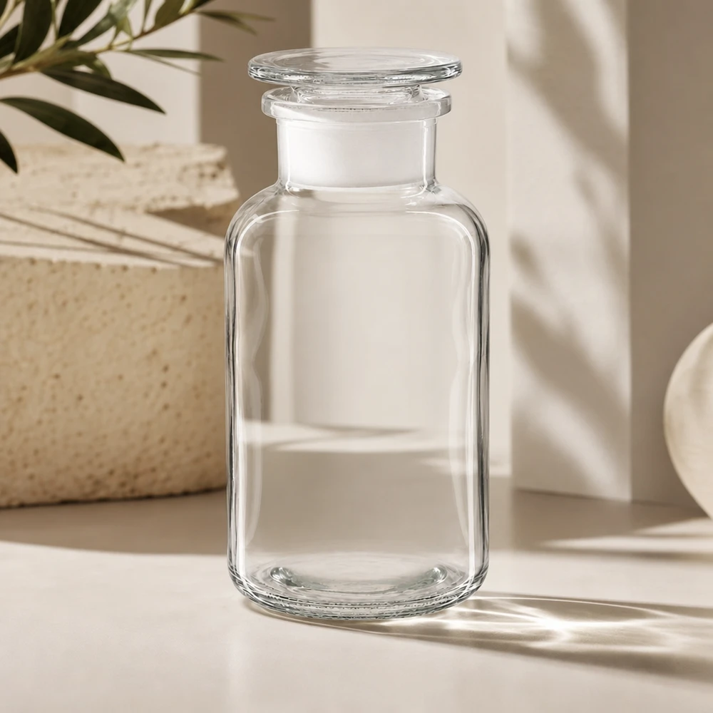 Rundschulterfl. 500ml klar Weithals Glasstopfen Klare Weithals-Rundschulterflasche 500ml aus Glas mit Glasstopfen für professionellen Laboreinsatz