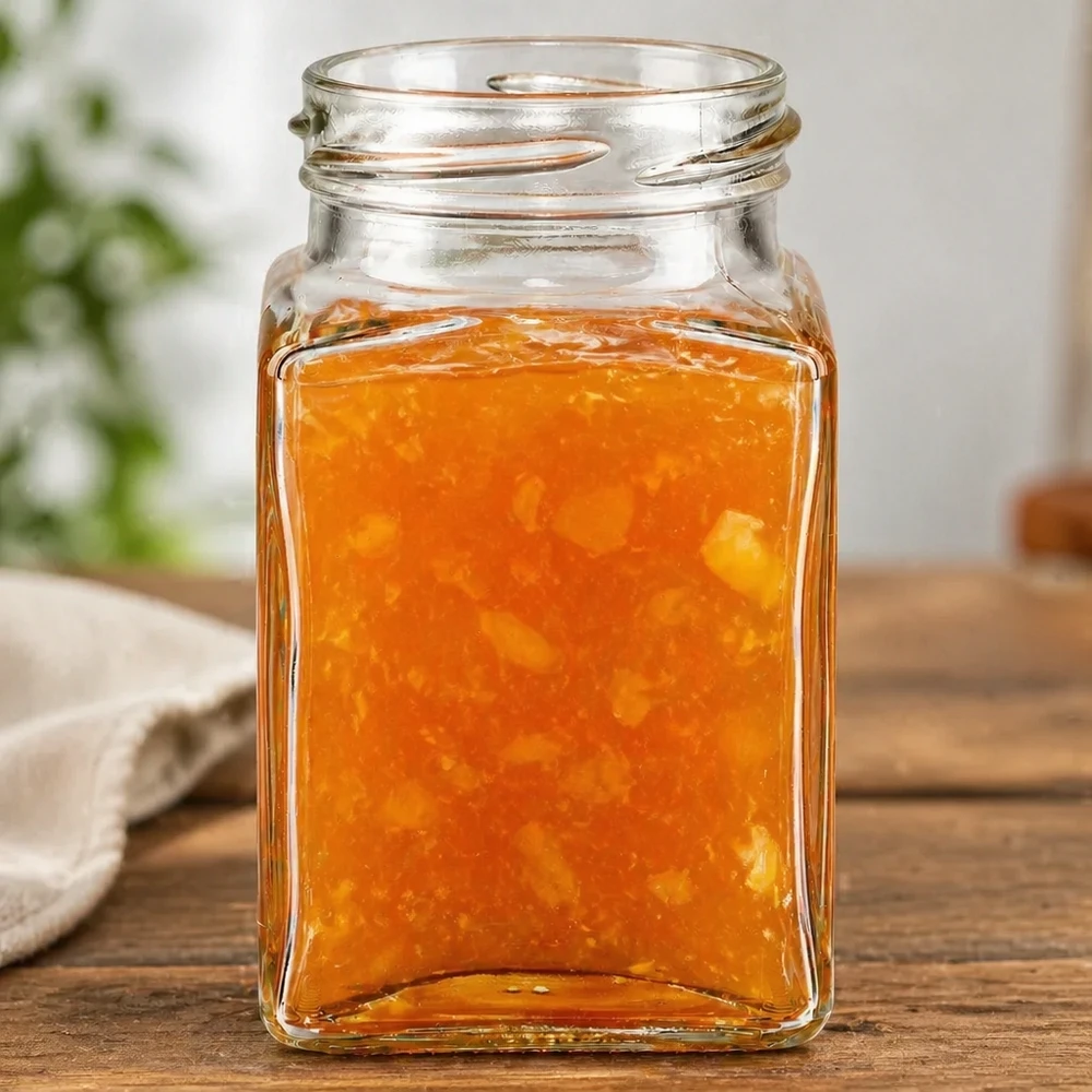 260ml Tetraglas ohne Deckel (TO58) UNiTWIST UNiTWIST Tetra260 4-Eckglas 260ml TO58 mit orangefarbenem Inhalt auf Holztisch quadratisches Marmeladenglas