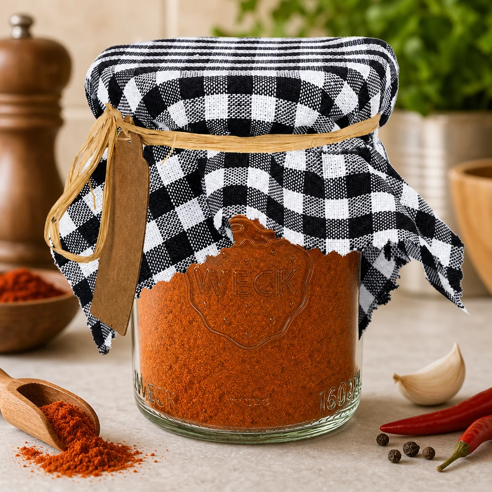 Schwarz-weiß kariertes Schmuckdeckchen mit Paprika-Gewürz im Weckglas Küchendeko mit Chili und Knoblauch 15cm eckig