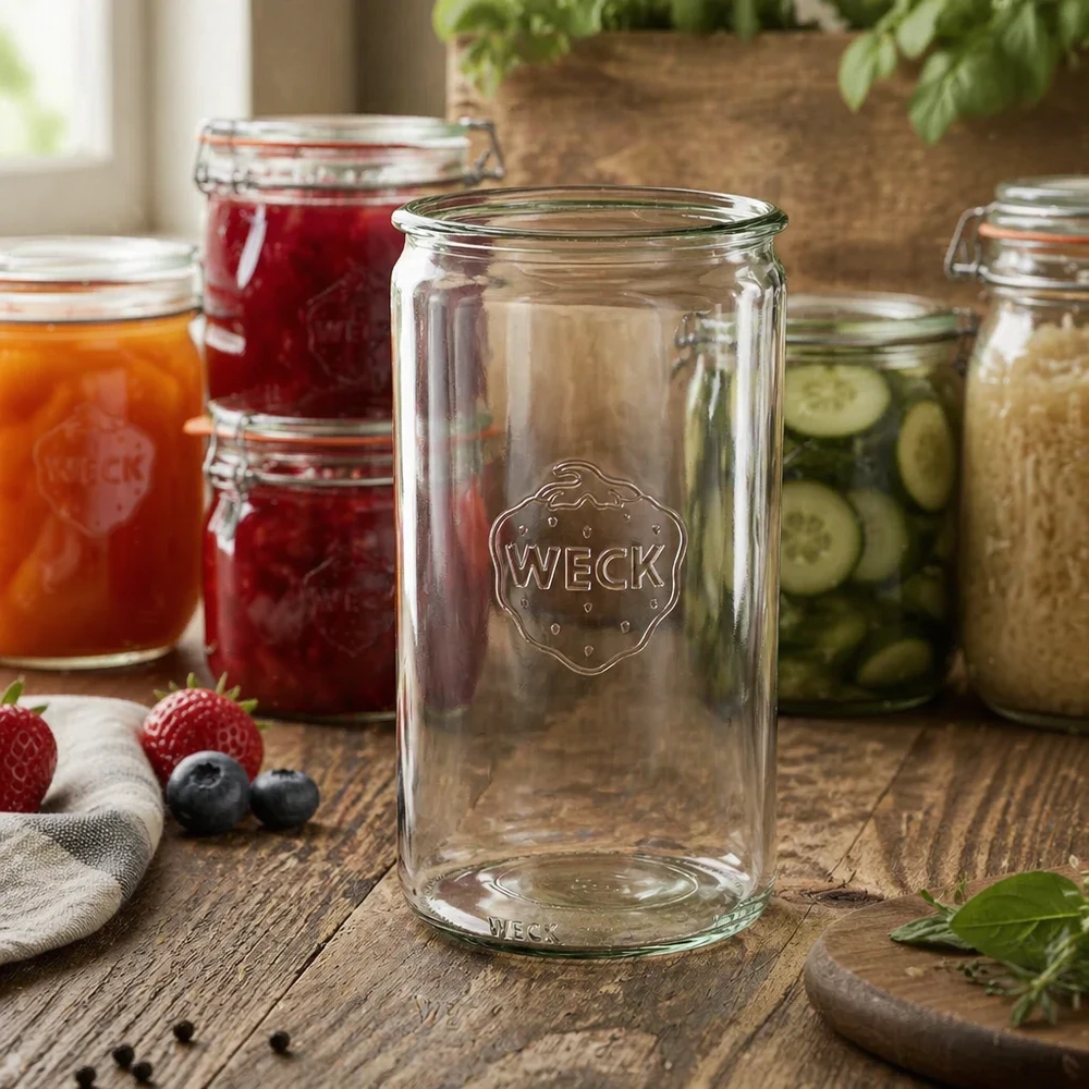1590ml Zylinderglas WECK RR100 WECK RR100 Zylinderglas 1590ml transparent auf Holztisch mit Marmeladengläsern und Eingemachtem im Hintergrund