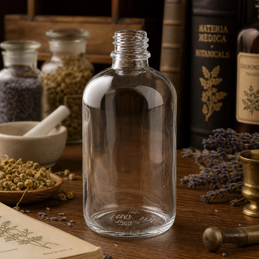 Klarglas Flasche 100ml DIN 18 100ml klare Apothekenflasche ApoGlas für professionelle Anwendung in Apotheke und Labor bei Pacadura.de