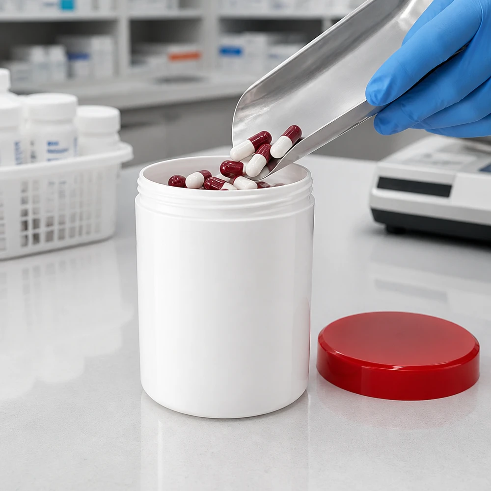Salbenkruke 100g weiß Polypropylen mit rotem Schraubdeckel für pharmazeutischen Fachhandel