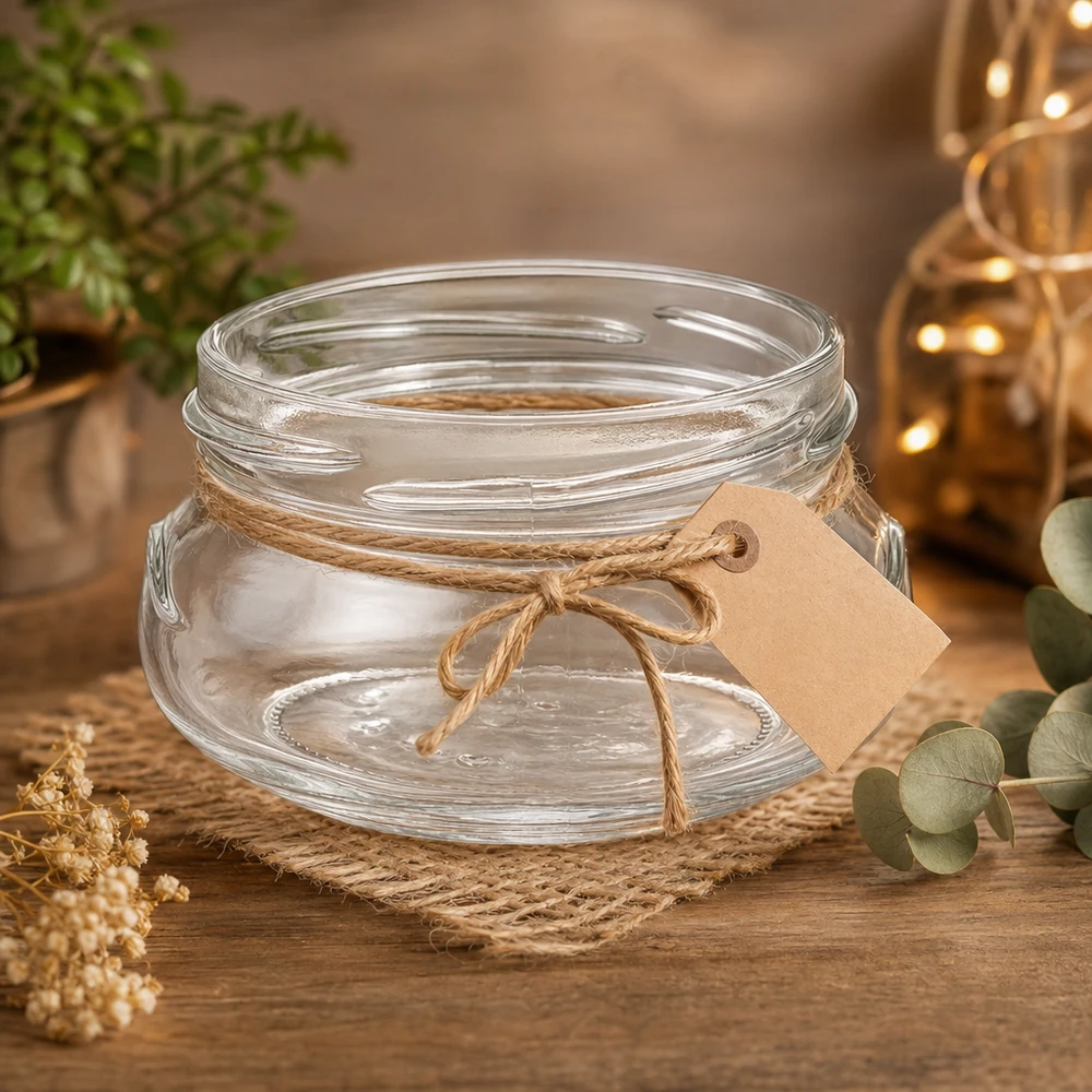 120ml Terrinenglas ohne Deckel (TO70) UNiTWIST UNiTWIST Terrina120 Einmachglas 120ml TO70 mit Juteschnur und Etikett auf Holztisch rustikal dekoriert