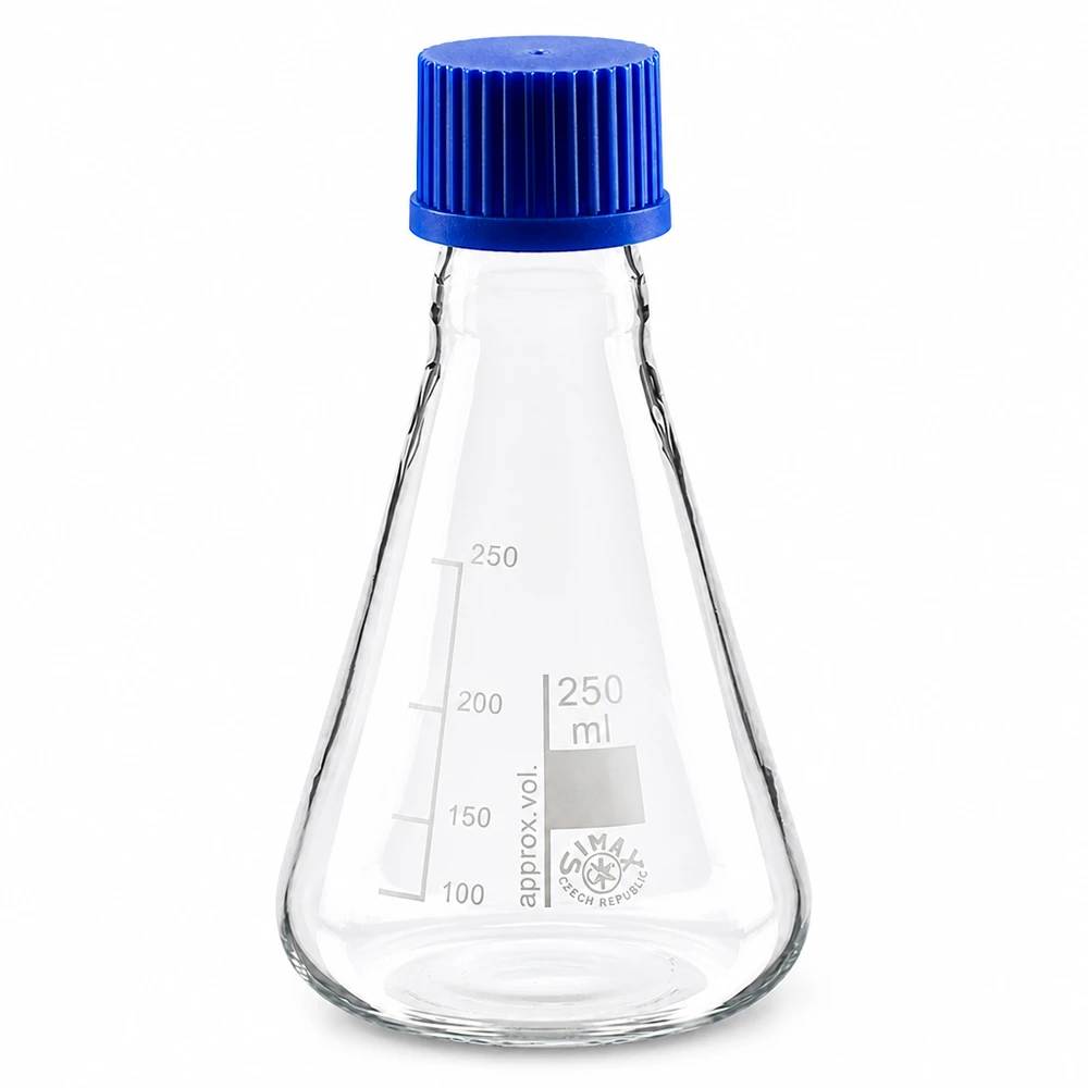 Erlenmeyerkolben 250ml mit Schraubkappe Erlenmeyerkolben 250ml Glas mit blauer Schraubkappe für professionelle Laboranwendungen bei Pacadura.de
