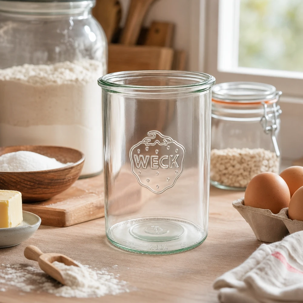 1000ml Sturzglas WECK RR100 1000ml WECK Sturzglas RR100 Einmachglas aus Glas mit Logo in rustikaler Küche mit Backzutaten und Eiern