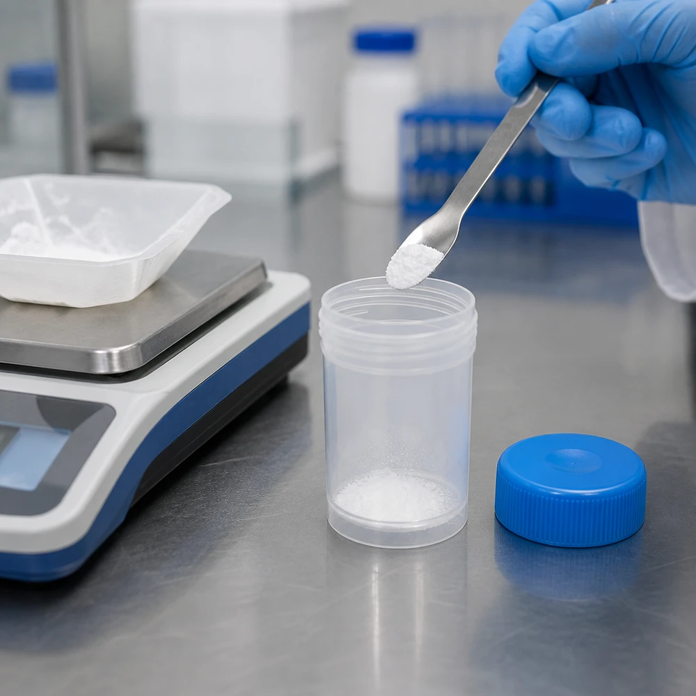 Universal Kunststoffdose (Pathogefäss) 20ml Kunststoffdose 20ml Pathogefäß mit blauem Schraubdeckel im Labor für professionellen Einsatz