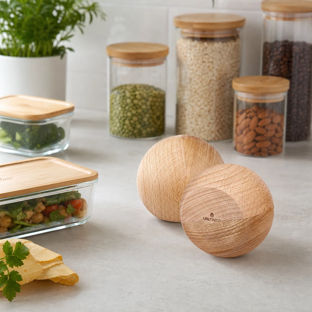UNiTWIST Holzkugel (Buche) für WECK RR80 UNiTWIST Holzkugeln Buche WECK RR80 in professioneller Küche - Anwendung mit Vorratsgläsern und Lebensmitteln