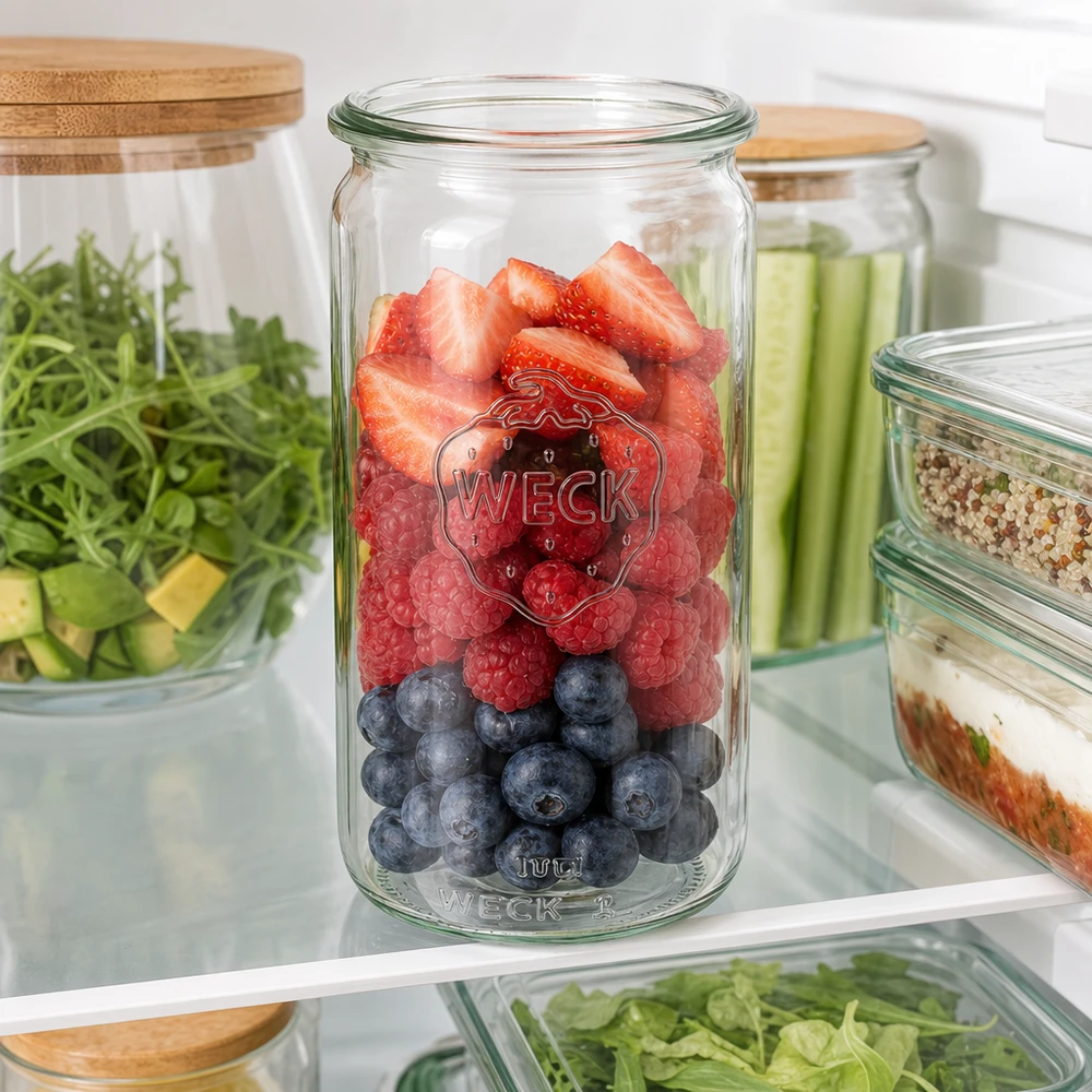 340ml Zylinderglas WECK RR60 WECK Zylinderglas 340ml RR60 im Kühlschrank mit frischen Beeren befüllt zeigt optimale Frischhaltung und Aufbewahrung
