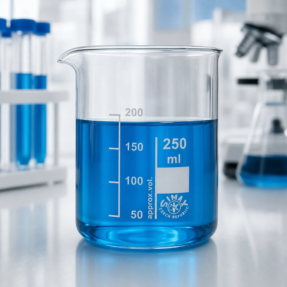 Becherglas 250ml Borosilikatglas niedrige Form für Labor und Industrie mit blauer Flüssigkeit gefüllt