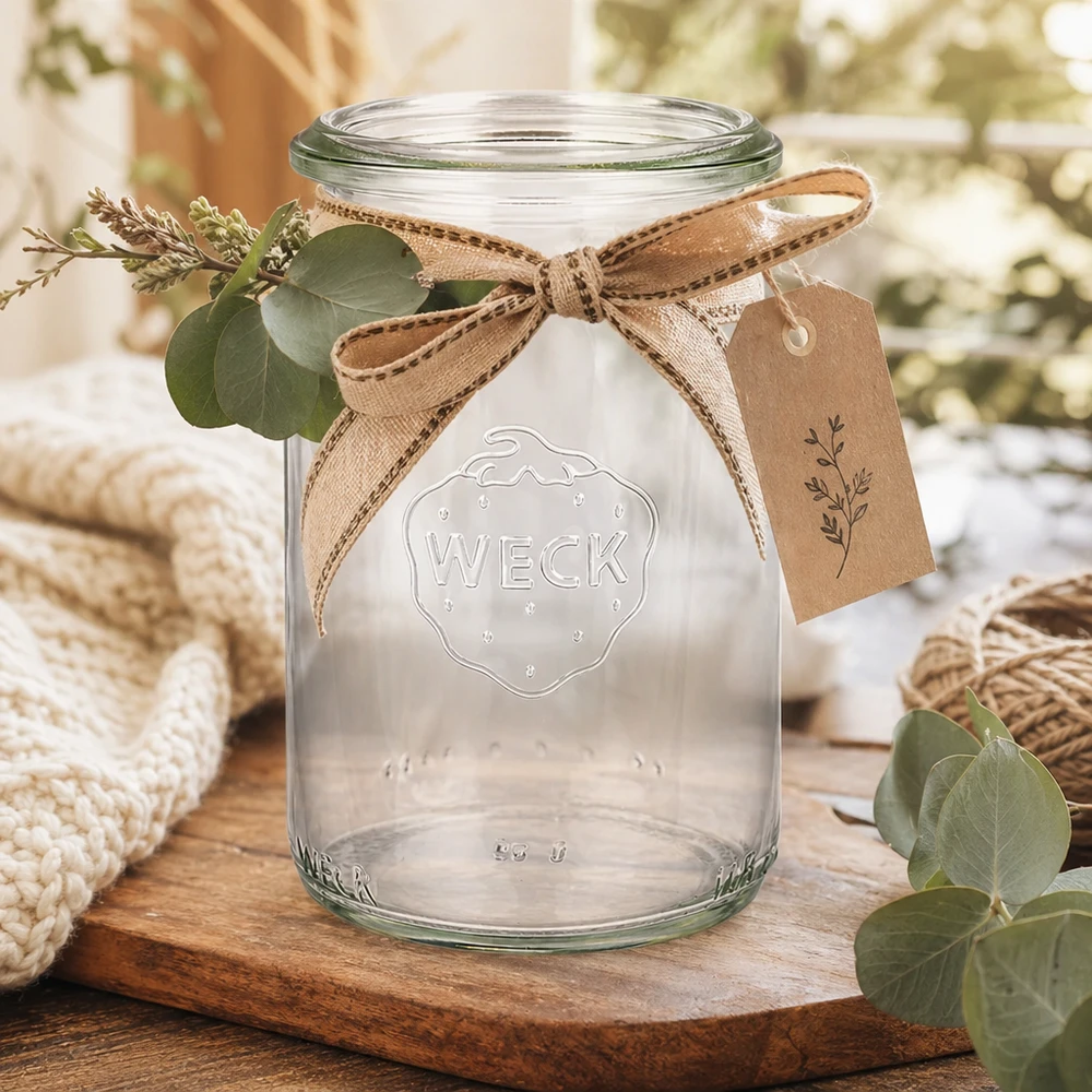 145ml Zylinderglas WECK RR40 WECK Zylinderglas 145ml RR40 mit Schleifenband und Anhänger rustikal dekoriert auf Holzbrett mit Eukalyptus