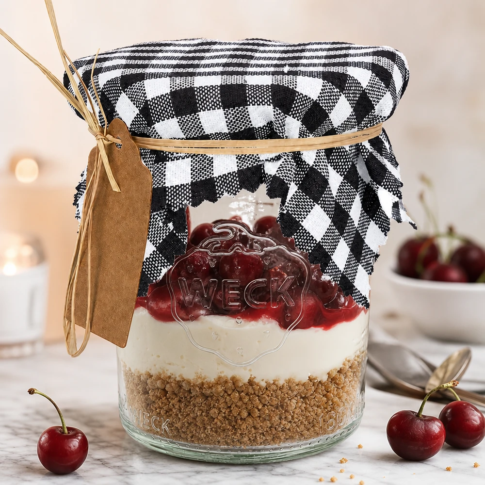 Vichy-Karo Stoffdeckchen schwarz-weiß auf Dessert-Weckglas mit Kirschen, dekorative Glasabdeckung 12cm eckig