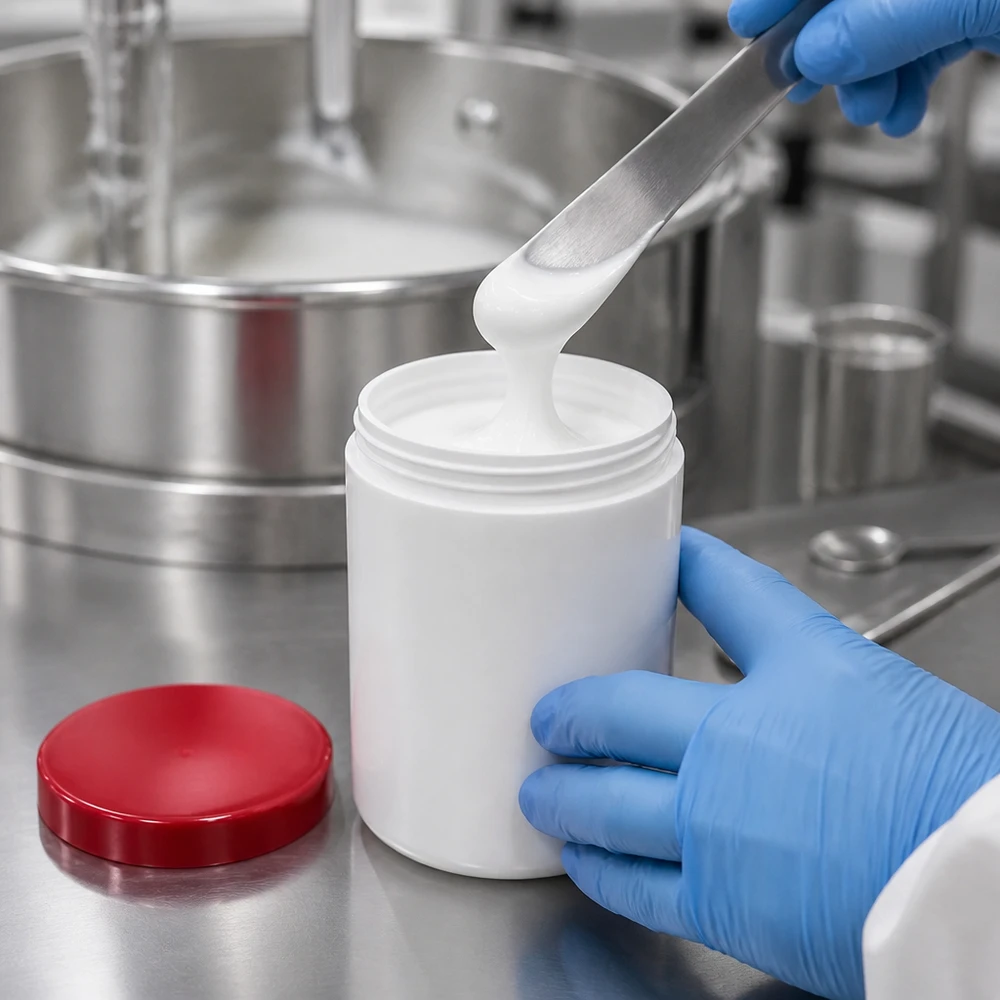 Salbenkruke 250g weiß mit rotem Schraubdeckel (Polypropylen) Salbenkruke 250g weiß PP-Kunststoff mit rotem Schraubdeckel für professionelle Abfüllung pharmazeutischer Cremes