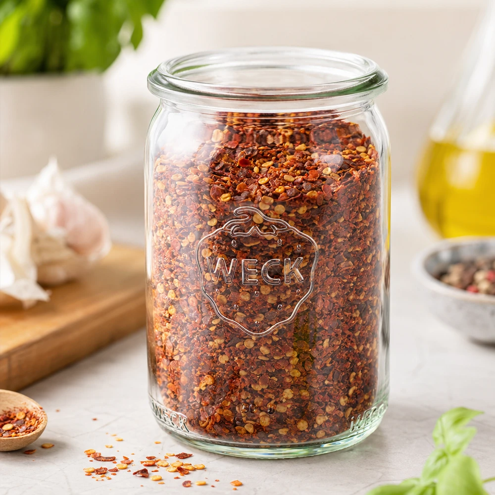 145ml Zylinderglas WECK RR40 WECK RR40 Glas 145ml mit roten Chili-Gewürzflocken gefüllt auf weißer Küchenarbeitsplatte mit Knoblauch und Öl