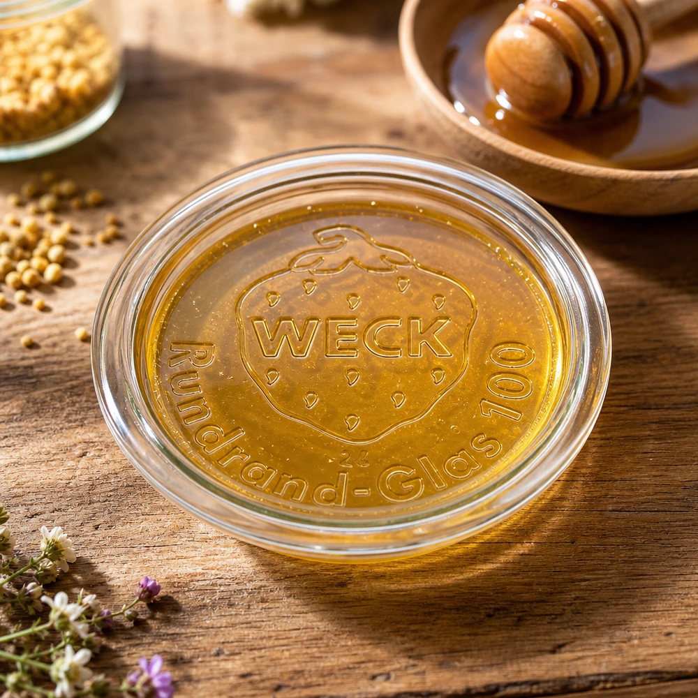WECK Glasdeckel RR100 mit Honig befüllt auf rustikalem Holztisch neben Bienenwaben und Honiglöffel