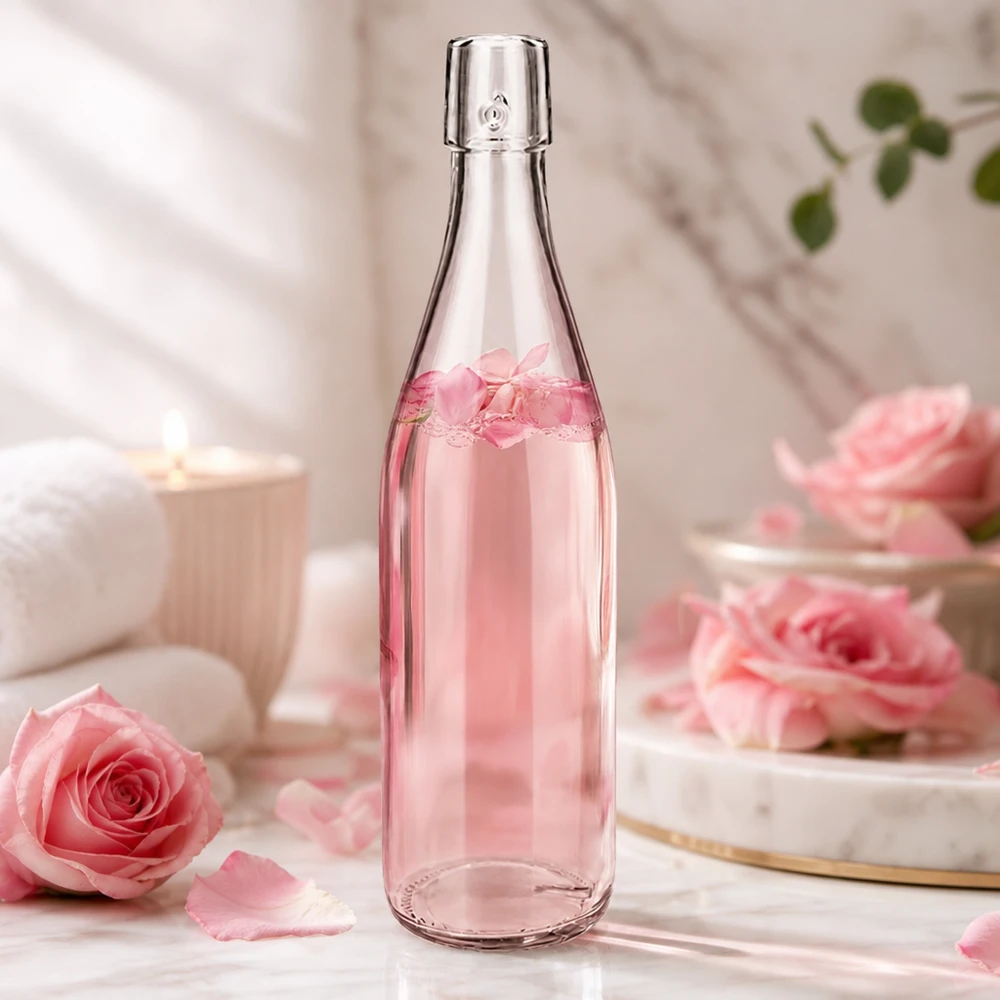 500ml Glasflasche ohne Bügelverschluss UNiTWIST® 500ml UNiTWIST Glasflasche mit Rosenwasser befüllt in romantischer Deko-Szene mit rosa Rosen als Lifestyle-Anwendung