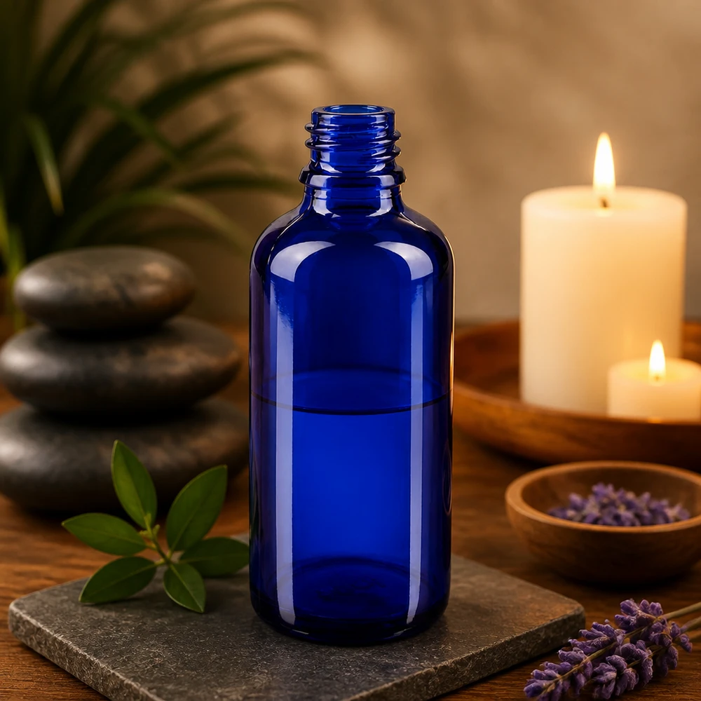 50ml blaue Apothekerflasche aus ApoGlas für professionelle Anwendung in Pharmazie und Kosmetik