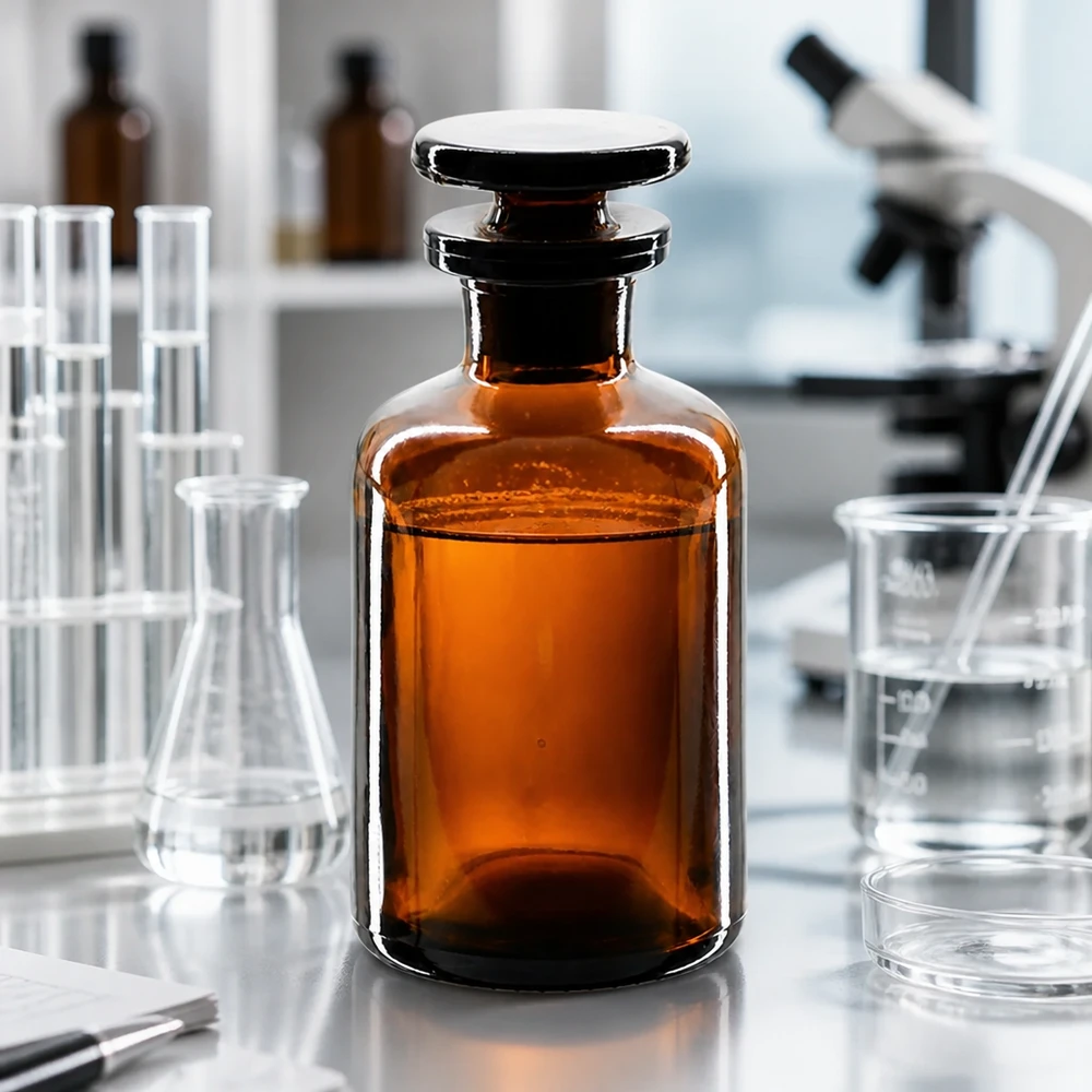 Rundschulterfl. 50ml braun Enghals Glasstopfen Braune Enghals-Rundschulterflasche 50ml mit Glasstopfen für Labor und Fachhandel bei Pacadura