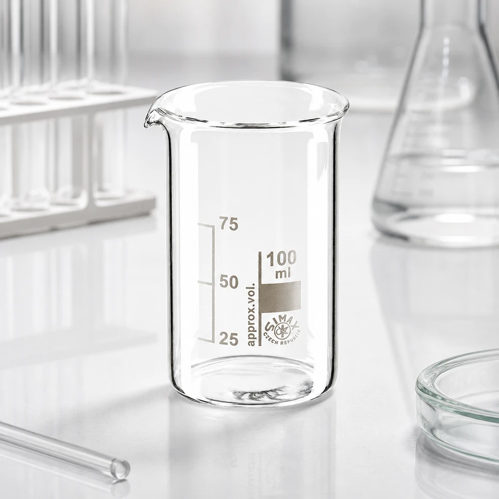 Becherglas 100ml Borosilikatglas, hohe Form Becherglas 100ml hohe Form aus Borosilikatglas mit Skalierung für professionellen Laboreinsatz