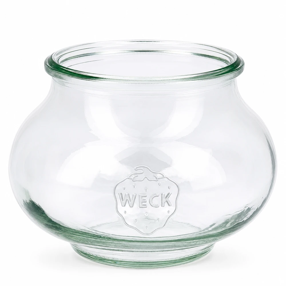 560ml Schmuckglas WECK RR80 WECK Schmuckglas 560ml RR80 aus klarem Glas mit geprägtem Logo und breiter Öffnung für Einmachen und Aufbewahrung