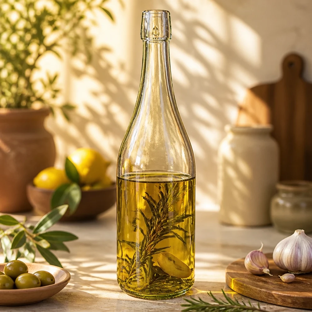 750ml Glasflasche ohne Bügelverschluss UNiTWIST® 750ml UNiTWIST Glasflasche befüllt mit Kräuteröl in mediterraner Küche mit Oliven und Knoblauch Anwendungsbeispiel