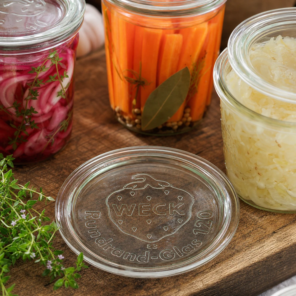 WECK Glasdeckel RR120 WECK Glasdeckel RR120 auf Holzbrett mit bunten eingekochten Gläsern Karotten Zwiebeln Sauerkraut und Kräutern